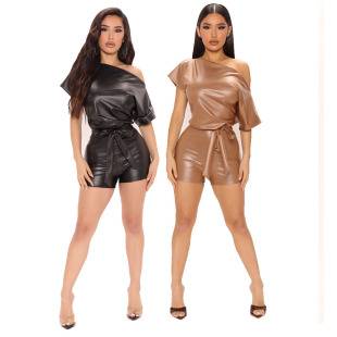 Spot! 2022 Amazon Women's European and American Summer New Fashion pu Slant Shoulder One-piece Shorts with Belt