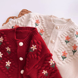 Korean style autumn girl's thickened sweater cardigan Western style baby flower embroidered coat baby sweater top for women