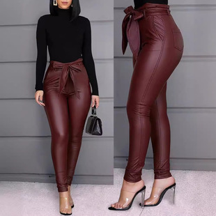 W8247 Amazon independent station European and American women's fashion casual PU pants leather pants (including Belt)