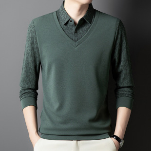 High-grade Long-sleeved T-shirt Men's 2024 Spring and Autumn Men's Long-sleeved Fake Two-piece Slim-fit Solid Color Base Shirt for Middle-aged and Elderly Men