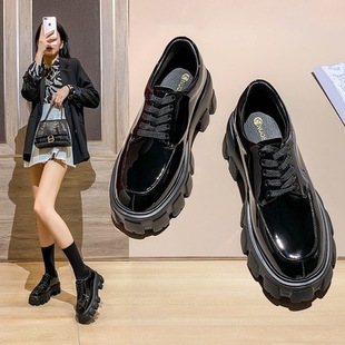 Liu Wen Same Style Leather Shoes Thick-soled Loafers Women's British Small Leather Shoes Lace-up Platform Shoes 2021 Heightening College Style