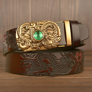 Dragon Tuzhu Gem Automatic Buckle Men's Belt Ethnic Style Double Dragon Play Bead Pattern Cowhide Belt Men's Distinctive Trouser Belt