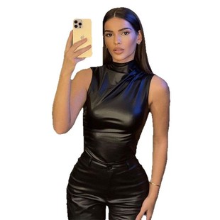 Sleeveless Leather Vest Amazon European and American Style Women's Leather Collar Distinctive Waist Irregular Hem Sleeveless Top