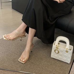 Light Mature Style Transparent High Heel Sandals Women's Slimming 2023 Summer Outer Wear New Style Thin Heel Mid Heel Square Heel Slippers