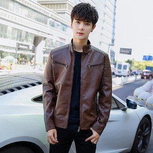 Handsome Biker Top Coat Clothing Korean Men's Autumn and Winter Men's Leather Jacket Fashionable Short Leather fleece-lined Thickened