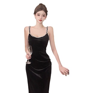7089 cross-border real shot French diamond velvet suspender dress hot girl royal sister slim slim split hip skirt