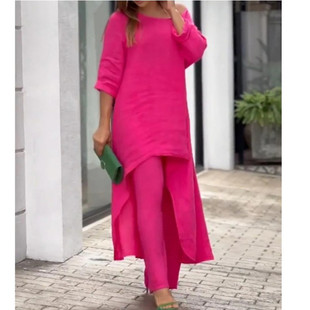 2024 European and American New Women's Cotton and Linen Fashion Casual plus size Irregular Long-sleeved suit Wide-leg Pants Two-piece Set