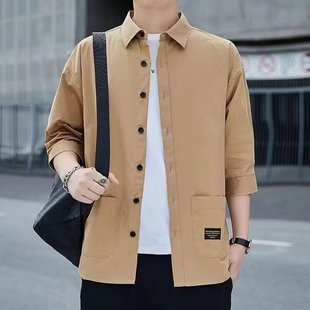 Thin Shirt Men's Seven-point Sleeve Mid-sleeved Short-sleeved Korean Style Slim-fit Workwear Loose Jacket Casual Solid Color Shirt
