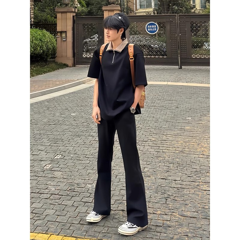 Cleanfit 블랙 마이크로 플레어 바지 남성 여름 아메리칸 하이 스트리트 바이브 바지 핸섬 스타일 슬림 스트레이트 팬츠