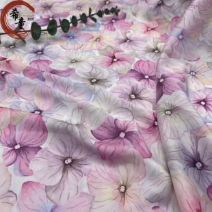 Elastic satin chiffon pink flower digital printing fashion women's clothing dress shirt home wear pajamas underwear fabric