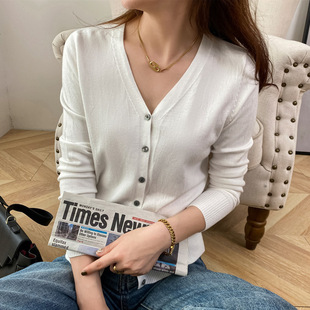 Autumn Korean Style V-Neck Sweater Cardigan Loose Base Shirt Knitted Cardigan Women's Solid Color Short Outer Jacket