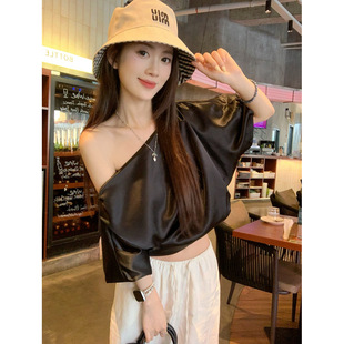 2025 New Summer Korean Style Slanted Shoulder Bubble Short-Sleeved Satin Shirt Short Sexy Style Niche Top