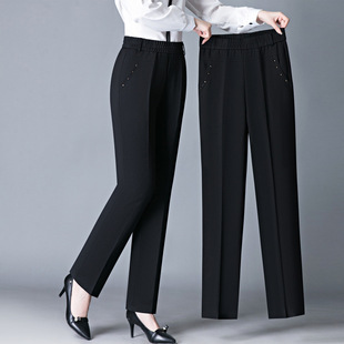 2024 spring new middle-aged and elderly mothers high waist casual straight pants plus size elastic waist slimming women's trousers