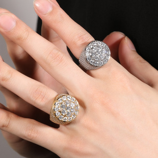 European and American men's hip-hop ring trend retro copper material real gold plating flower diamond ring personality jewelry wholesale