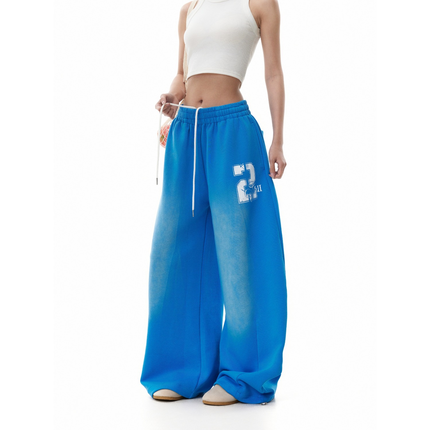 Blue Trendy American Retro High Street Letter Wide-Leg Scimitar Pants Women's Workwear Washed Gradient Casual Sports Long Pants