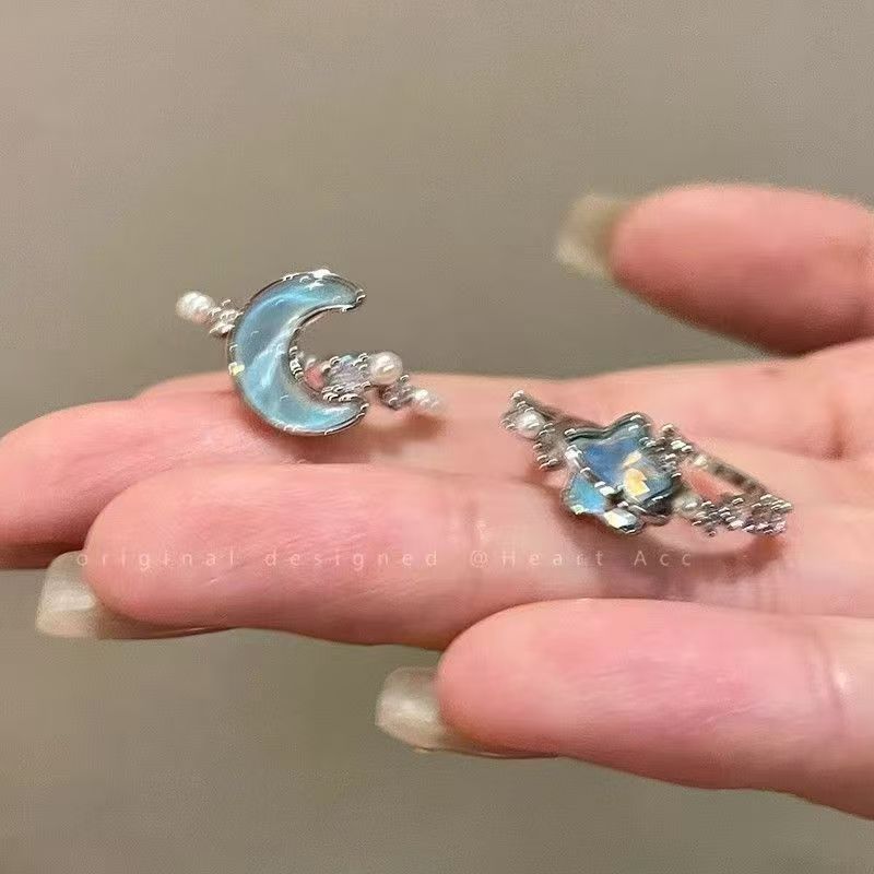 Glacier Blue Star Moon Ring 2025 New Niche Design High-End Index Finger Ring Adjustable Ring for Women