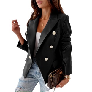 Independent station AliExpress autumn and winter European and American new long-sleeved double-breasted fashion PU leather suit jacket