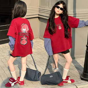 Girls Fake Two-piece T-shirt Stitching Plaid Sun Sleeve Loose Korean Top Girls Trendy Cool Casual Big T Amazon