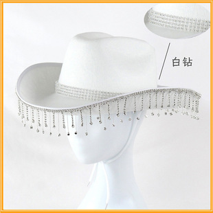 Black Western Wear Rope Buckle Denim Top Hat Disco Night Shop Party Rhinestone Tassel Hat Imitation Diamond Edge