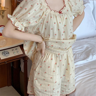 Real shot 2023 spring and summer new sweet dream small cherry romantic instant vision contrast lace home clothes pajamas pajamas women