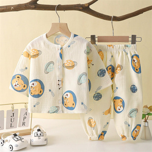 Children's Pajamas Summer Pure Cotton Gauze Thin Cardigan Boys and Girls Seven-Sleeve Air-conditioning Clothes Baby Home Clothes suit