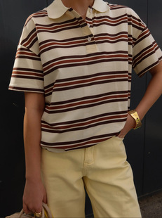 Vintage Contrast Color Striped POLO Collar Short-sleeved T-shirt Women's American-style Sweet Hot Girl Slim-fit Short Shoulder Slim-fit Trendy Top