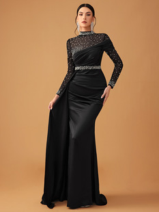 New Ladies Ball Evening Gown Elegant Mesh Beaded Satin High Neck Long Sleeve Evening Gown-SSN335
