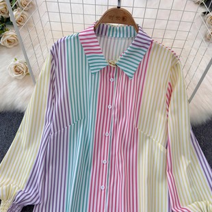 2024 Summer New Women's Fashion Lantern Long Sleeve Striped POGO Collar Shirt Elegant Shirt Long dress Dress