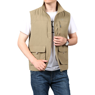Autumn New Vest Men's Spring and Autumn Thin Outdoor Casual Multi-Pocket Workwear Vest Men's Loose Vertical Collar Vest