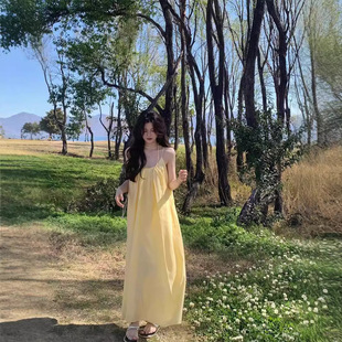 Cross-border Yellow Suspender Dress Summer 2024 New Gentle FAiry Skirt Loose Covering the Flesh And Slimming A-line Long Skirt