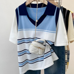 Contrast Color Striped Women's 2025 New Spring and Summer Fake Two-piece Top Fat Sister College Style Loose Short-sleeved T-shirt for Women