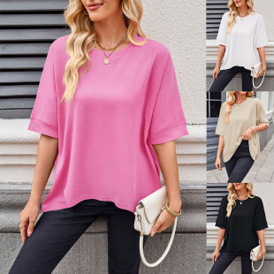 Europe and the United States cross-border women's clothing 2025 Amazon TK summer oversized sweater crew neck pullover T-shirt short sleeve jacket women