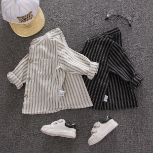 Children's Clothing Boys' Shirts 2025 New Baby Boy Shirts Kidsren's Spring & Fall Tops Thin Vertical Striped Long-Sleeved Shirts Trendy