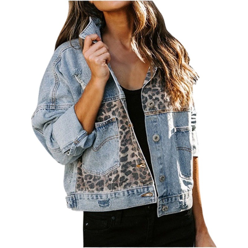 Cross-border Autumn/Winter Amazon Denim Jacket Women's Long Sleeve Independent Store European and American Denim Jacket Women's Leopard Print Patchwork