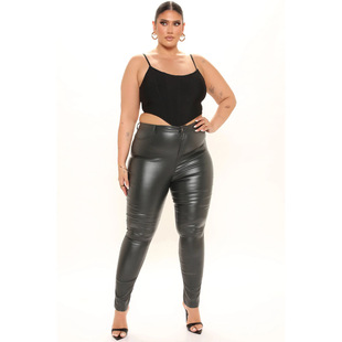 Cross-Border Pu Leather Pants for Women's Outer Wear in Autumn and Winter, Artificial Leather Anti-Leather, European and American Fattened Matte Pants, Factory Customized