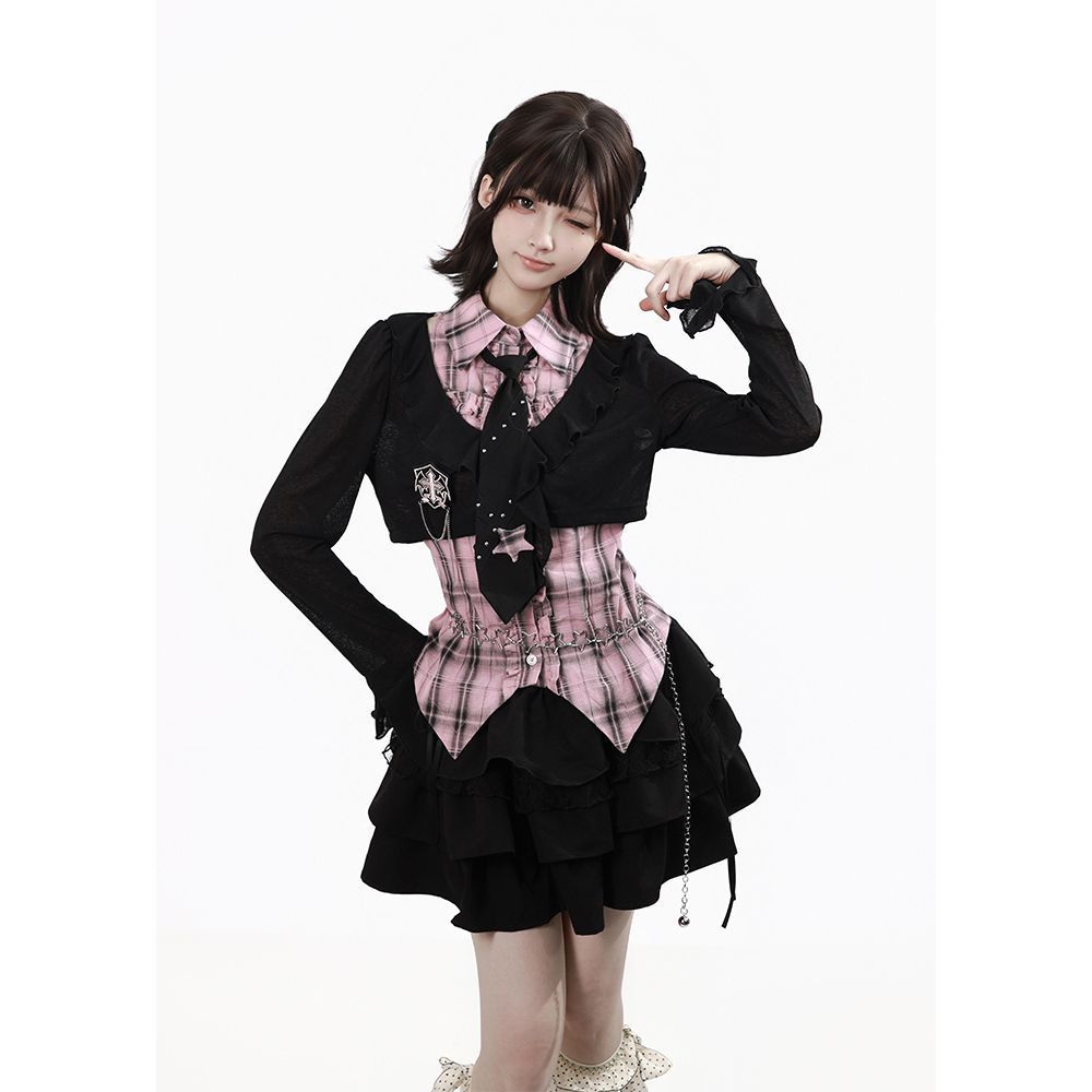 [Starlight Idol] Summer Knitted Lace Blouse + Waist-Cinching Plaid Shirt + Tie-Up Cake Skirt Three-Piece Set for Women