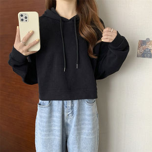 New 2025 Women's Autumn Short Hooded Sweat Thin Fashionable Loose Korean Style High Waist Pullover Long Sleeve Top