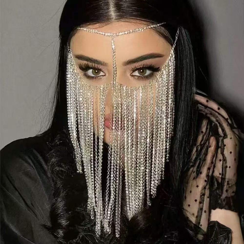 Trendy European and American Rhinestone Accessories, Fashionable and Versatile Mysterious Tassel Mask, Stage Performance Face Decoration for Women
