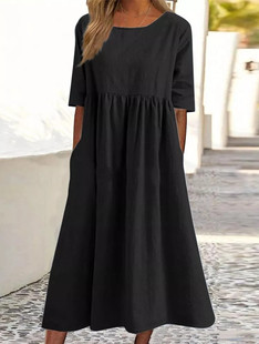 Cross-border Foreign Trade 2023 Spring and Summer New Round Neck 5-point Sleeve Large Size Casual Loose Long Solid Color Cotton and Linen Dress