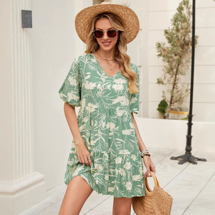 Real shot in stock European and American cross-border rayon new printed V-neck loose large swing short sleeve dress