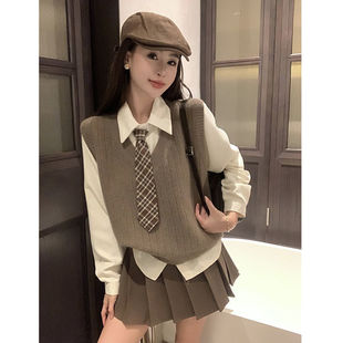 Academy Style suit Women's Spring and Autumn Retro Salt Stacked Knitted Vest Long-sleeved Shirt High Waist Skirt Three-piece Set