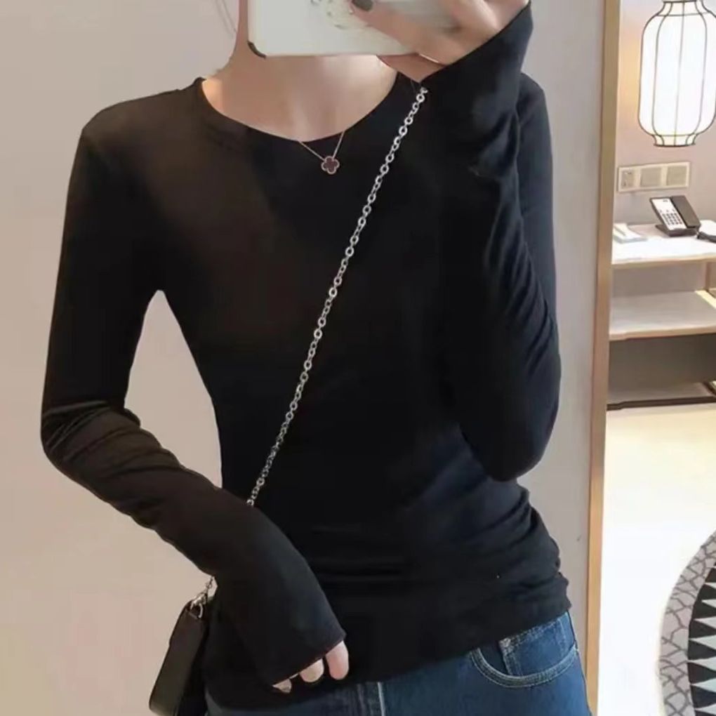 유러피언 스레드 솔리드 컬러 긴팔 티셔츠 베이스 셔츠 여성용 가을 올매치 슬림핏 슬리밍 소프트 모달 코튼 니트 스웨터