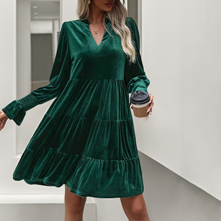 AliExpress Cross-border New Products 2024 Autumn European and American Christmas Women's Pleated Velvet Long Sleeve Solid Color V-neck dress