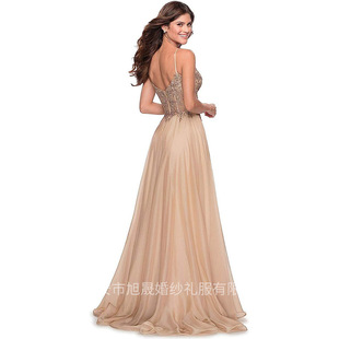 Women's Lace Applique Chiffon Ball Gown Long Split Thin Shoulder Strap Exposed Leg Dress Sexy Banquet Evening Dress