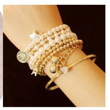 Korean-Style Multi-Element Eiffel Tower Pearl Retro Bracelet, Six-Piece Coin Jewelry Set, Multi-Layer Elastic Bracelet