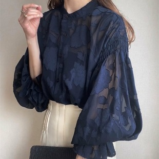 Japanese Style New Loose Flower Jacquard Lace Shirt Lantern Sleeve Transparent Shirt Women's Round Neck Two-sided Top Shirt