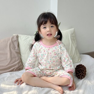 Summer Thin Children's Pure Cotton Home Clothes Baby Pajamas Air-conditioning Clothes for Boys and Girls 7-Sleeve Autumn Clothes Long Johns suit