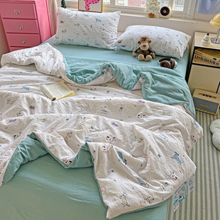 Ins Summer Jacquard Double-Layer Yarn Summer Cool Quilt Four-Piece Set Machine Washable Floral Nude Sleeping Air-Conditioned Quilt Dormitory Thin Quilt