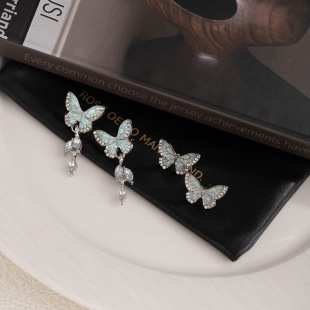 Silver Needle Korean Style Diamond Blue Oil Drop Butterfly Earrings Light Luxury Niche Design Sense Water Drop Tassel Sweet Earrings