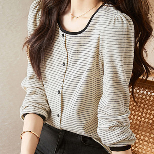 Foreign Trade Color Stripe Knitted Elastic Women's T-shirt 2022 Autumn New Casual Simple All-match Base T-shirt